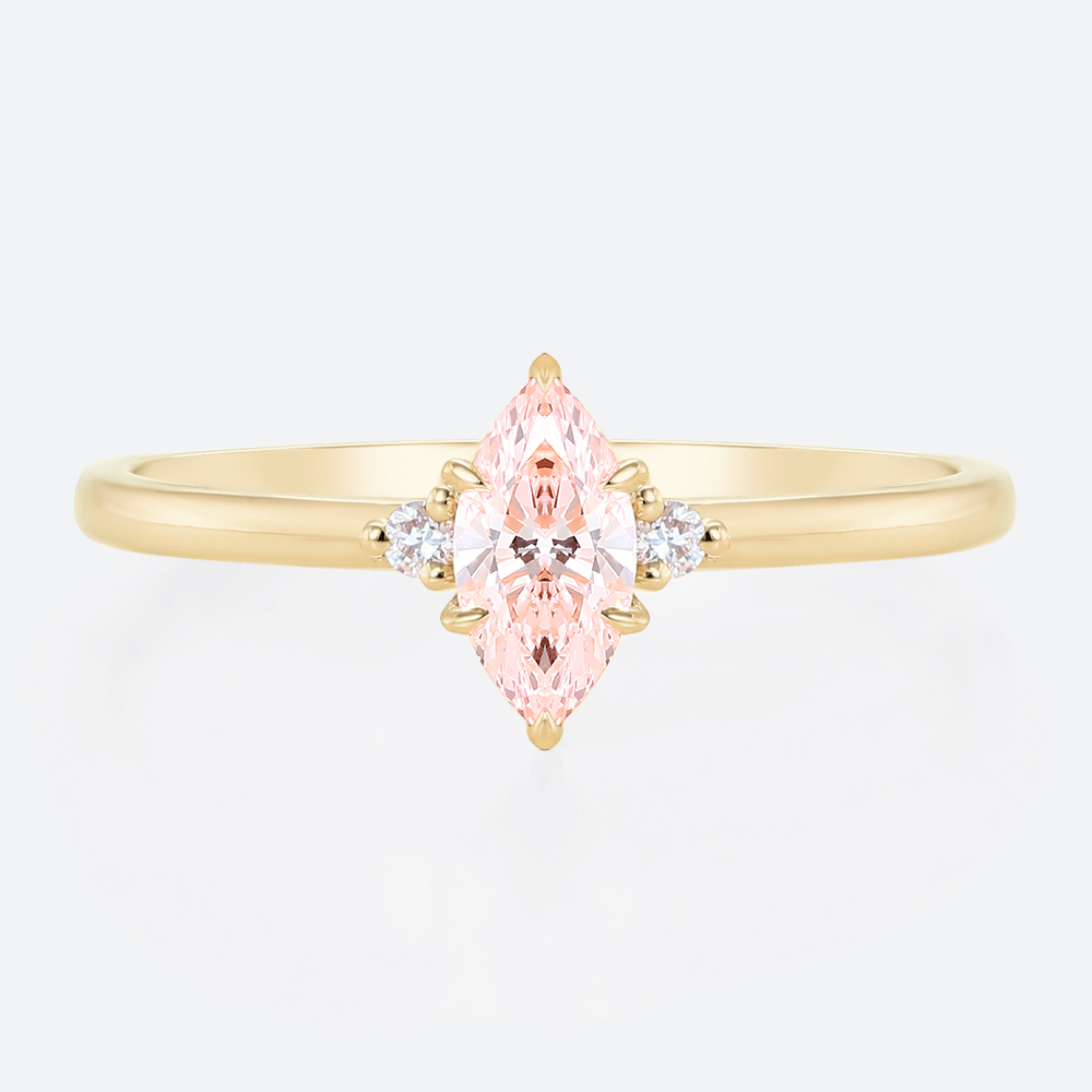 0.5ct Fancy Pink VS+ Marquise Cut Lab Grown Pink Diamond Three Stone 6 Claw Prong Engagement Ring