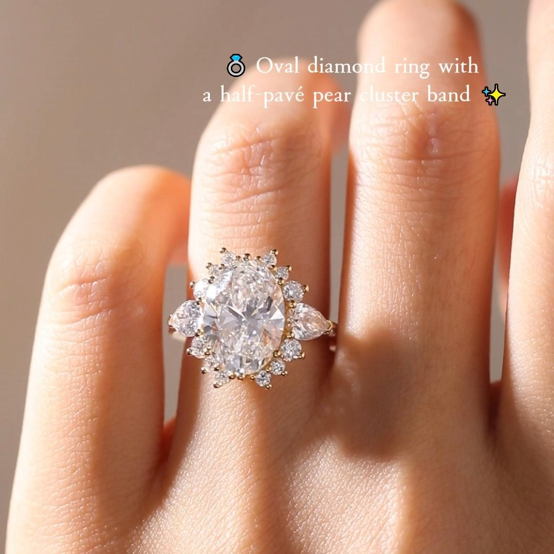 1ct Oval Cut Lab Grown Diamond Half-Pavé Pear Cluster Engagement Ring in Yellow Gold