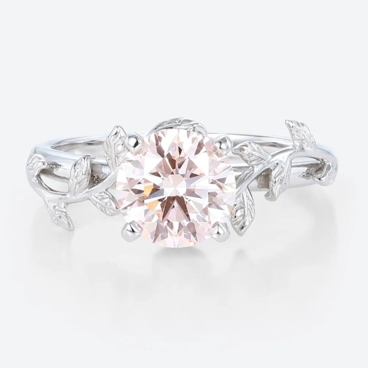 1ct Round Cut Lab Grown Pink Diamond Sculpted Leaf Solitaire Engagement Ring in White Gold