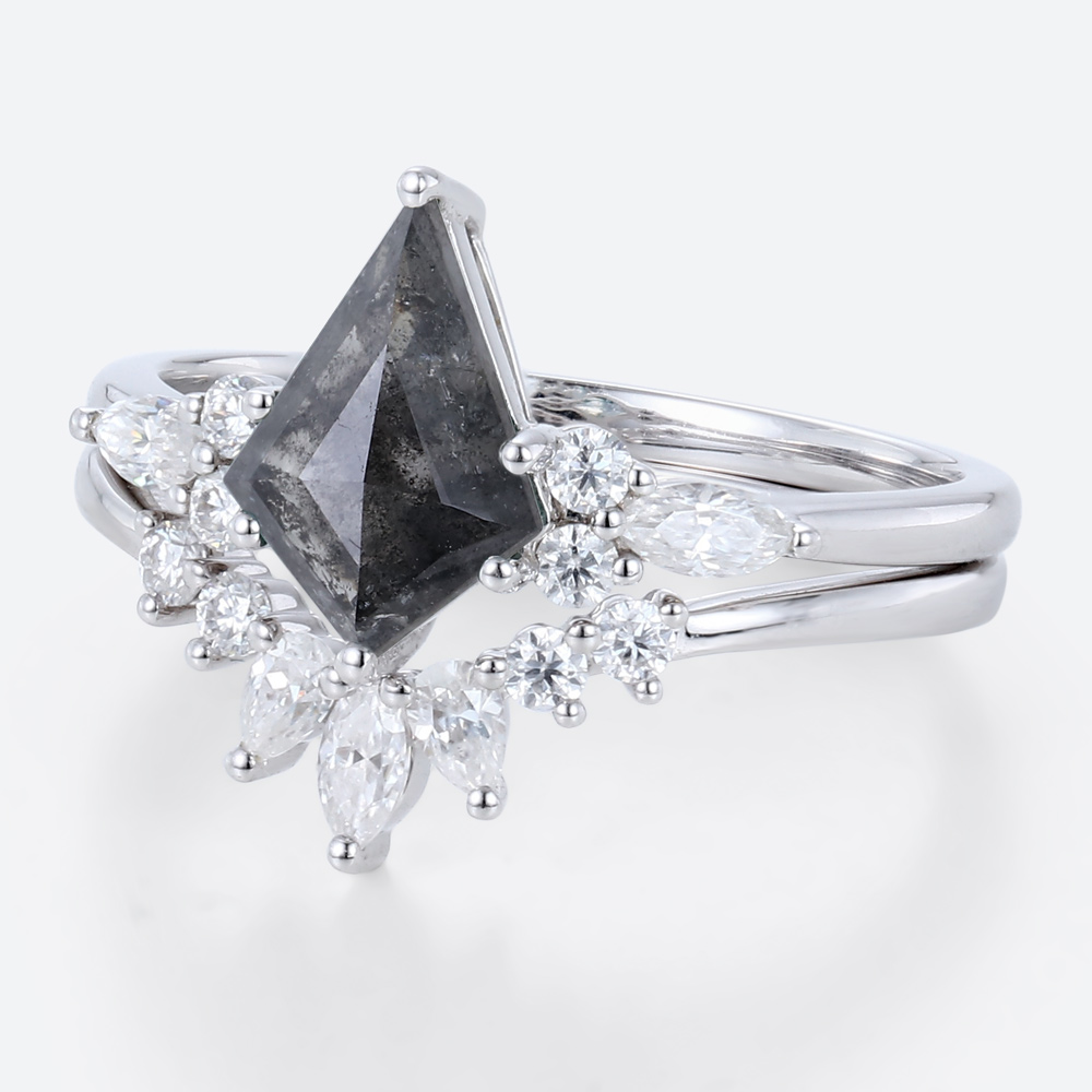 White Gold 2ct Salt and Pepper Diamond Ring Set with Curved Wedding Ring