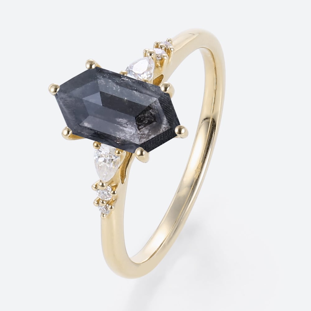 Yellow Gold 1.3ct Elongated Hexagon Cut Salt and Pepper Diamond Ring​ Pear lab Diamond Side Stone Ring