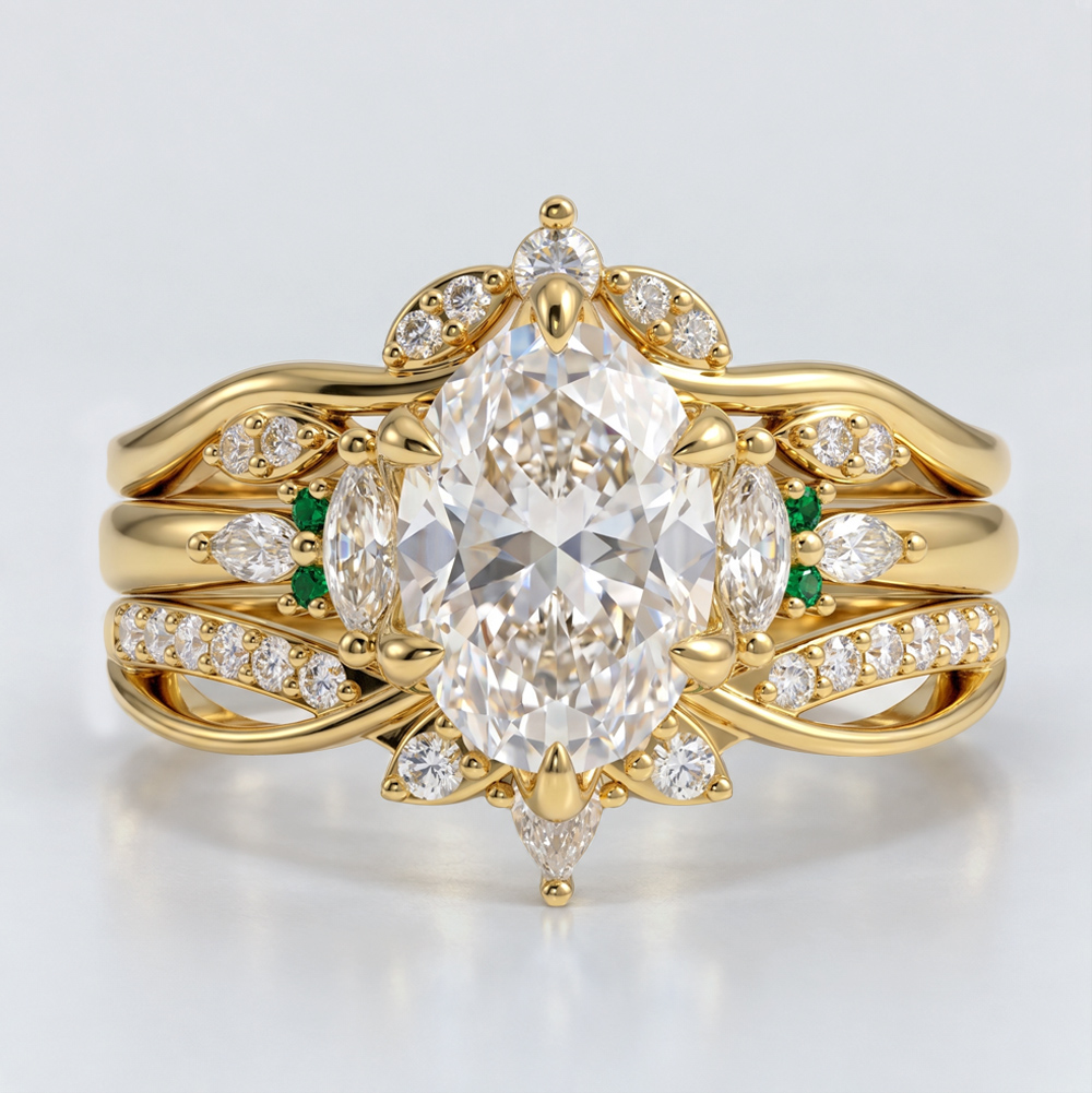 2ct Oval Cut Lab Grown Diamond Dainty 3PCS Bridal Ring Stack in Yellow Gold
