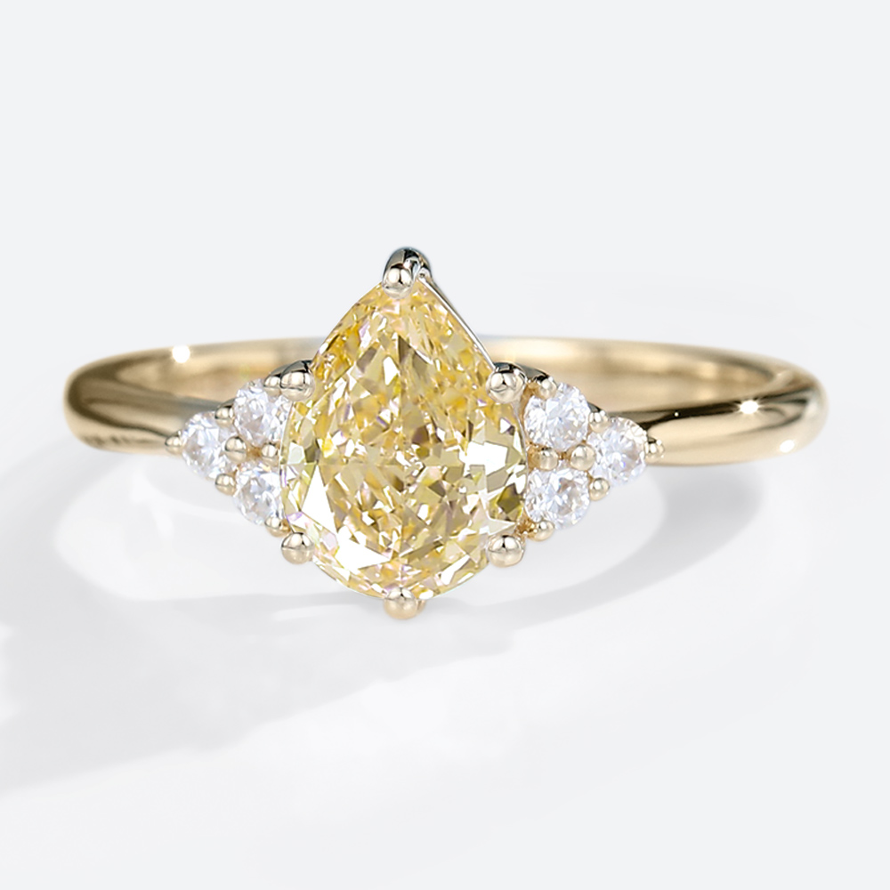 1ct Yellow Diamond Ring Pear Shaped Lab Diamond Cluster 6-Prong Engagement Ring
