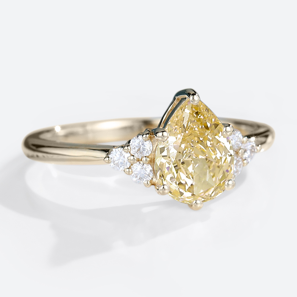 1ct Yellow Diamond Ring Pear Shaped Lab Diamond Cluster 6-Prong Engagement Ring