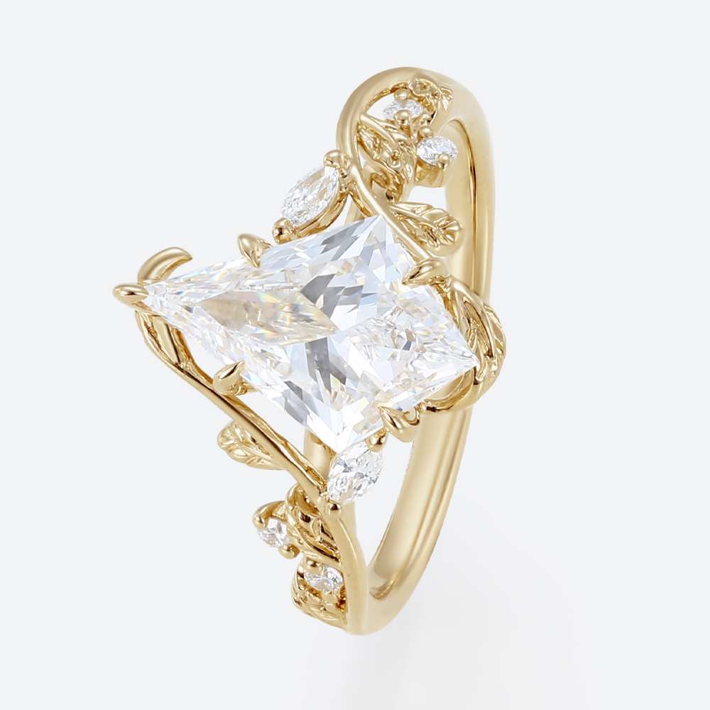 Kite Cut Lab Grown Diamond Rings​ 1.2ct Botanical 5 Claw Prong Engagement Ring in Yellow Gold