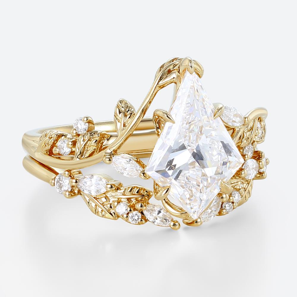 Lab Created Diamond Rings​ Set 1.2ct Kite Cut Lab Diamond Engagement Ring Vine & Leaf Bridal Ring Set in Yellow Gold