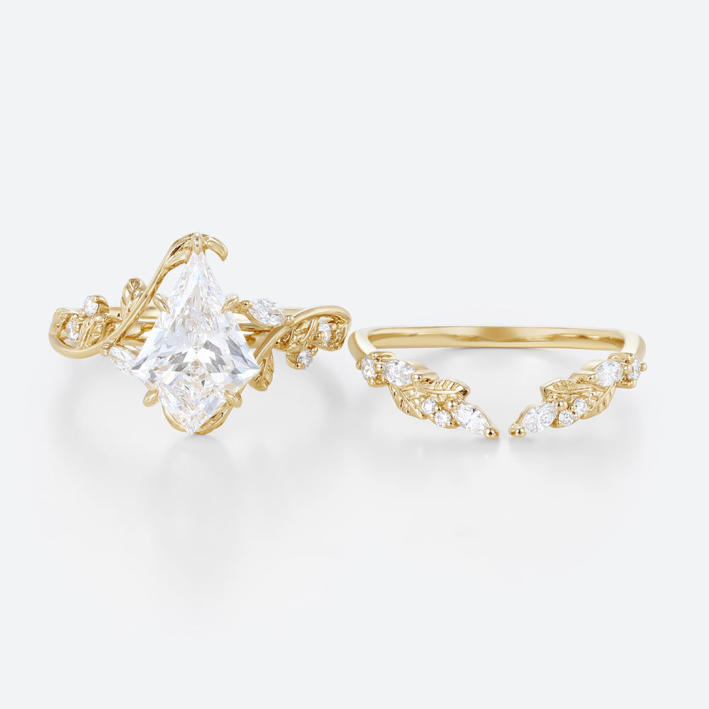 Lab Created Diamond Rings​ Set 1.2ct Kite Cut Lab Diamond Engagement Ring Vine & Leaf Bridal Ring Set in Yellow Gold