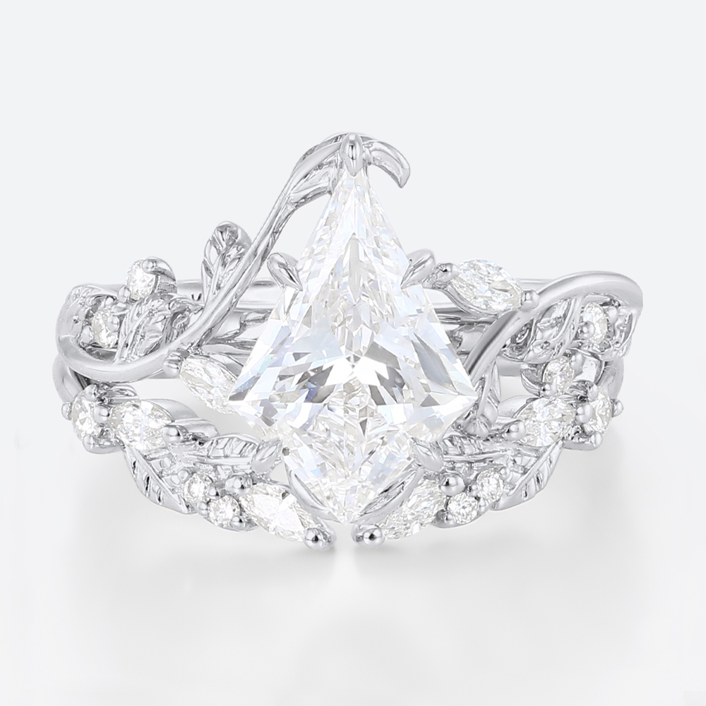 Lab Created Diamond Rings​ Set 1.2ct Kite Cut Lab Diamond Engagement Ring Vine & Leaf Bridal Ring Set in White Gold