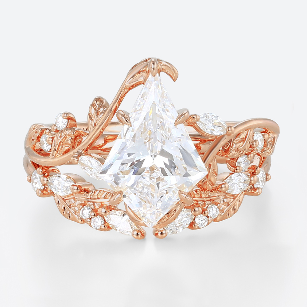 Lab Created Diamond Rings​ Set 1.2ct Kite Cut Lab Diamond Engagement Ring Vine & Leaf Bridal Ring Set in Rose Gold