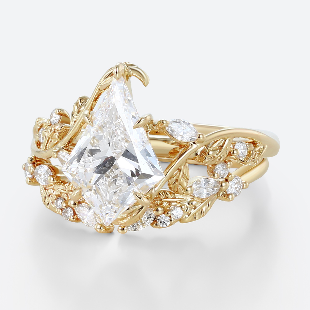 Lab Created Diamond Rings​ Set 1.2ct Kite Cut Lab Diamond Engagement Ring Vine & Leaf Bridal Ring Set in Yellow Gold
