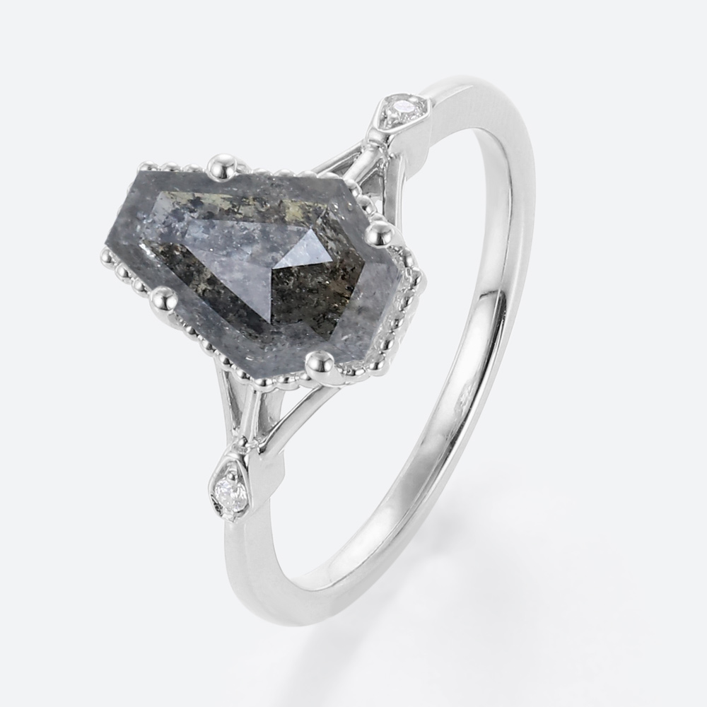 White Gold Ring Coffin Shaped Engagement Ring Salt and Pepper Diamonds
