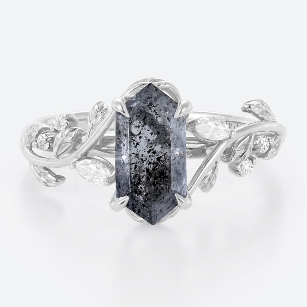 White Gold Rings for Women Elongated Hexagon Salt and Pepper Diamond Ring