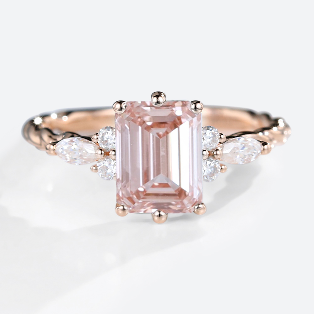 1.5ct Lab Grown Pink Diamond​ Ring Emerald Cut Twisted 6-Prong Ring in Rose Gold