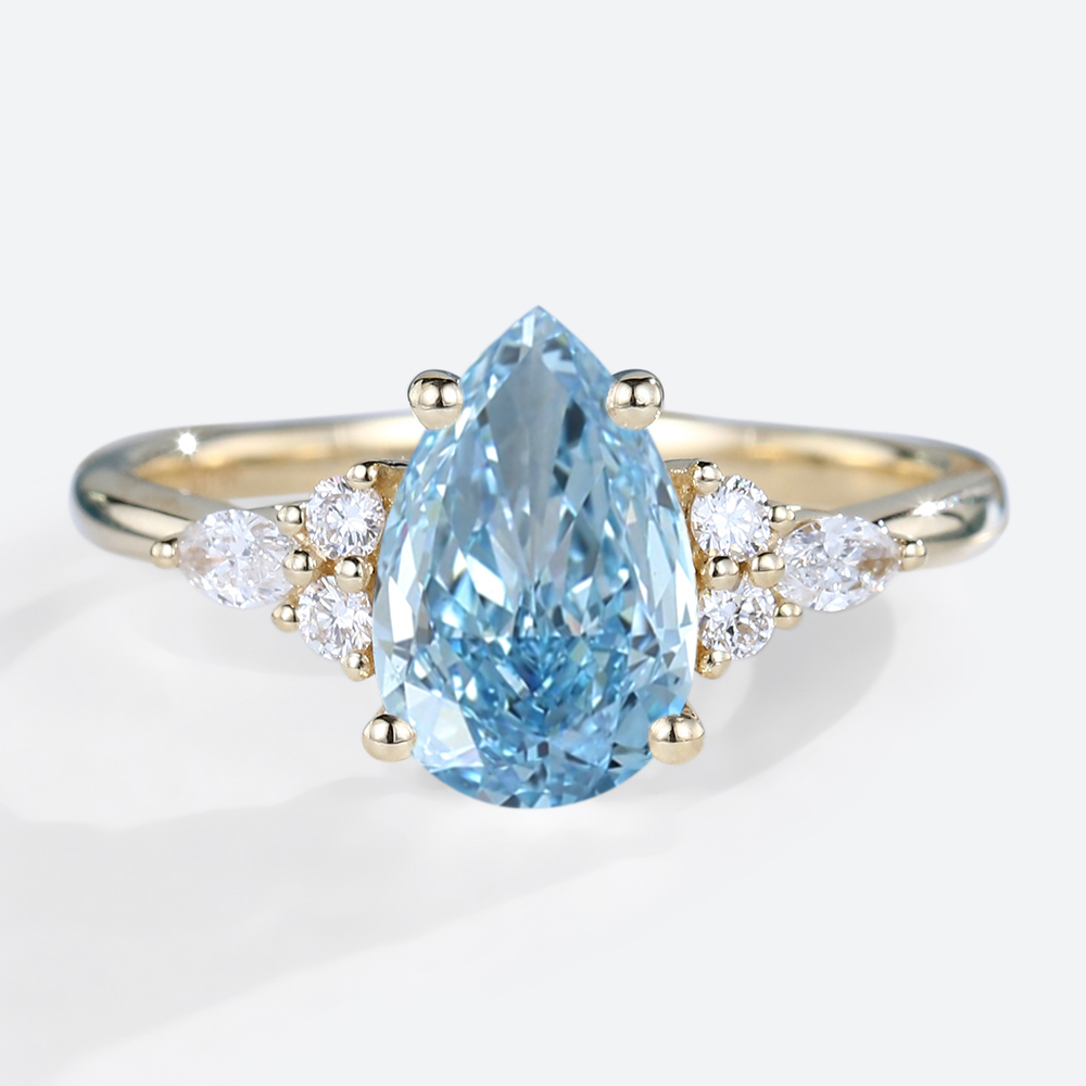 Lab Blue Diamond Ring Pear Shaped 1.5ct Fancy Blue Engagement Rings in Yellow Gold