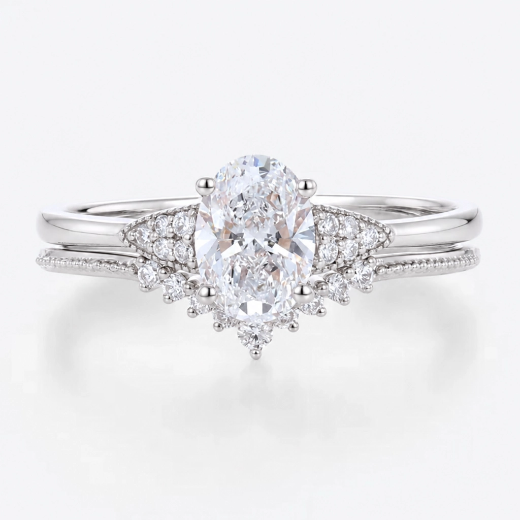 1ct Oval Cut Lab Grown Diamond Milgrain Contour Bridal Ring Set in Rose Gold