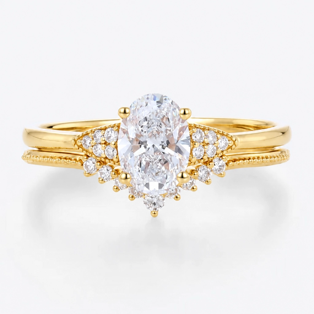 1ct Oval Cut Lab Grown Diamond Milgrain Contour Bridal Ring Set in Rose Gold
