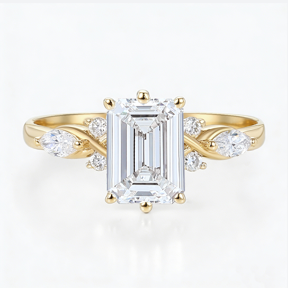 1.5 Ct Lab Grown Diamond Ring Emerald Cuts Yellow Gold Engagement Rings