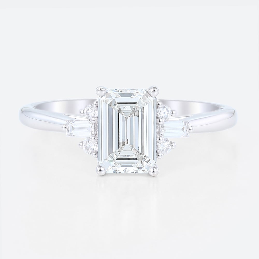 Emerald Cut Lab Diamond Engagement Ring with Baguette Side Stones