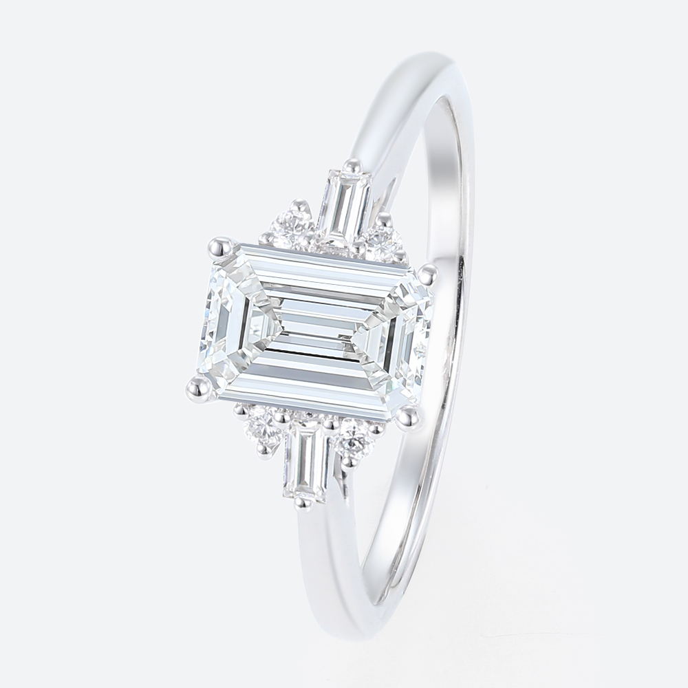 Emerald Cut Lab Diamond Engagement Ring with Baguette Side Stones