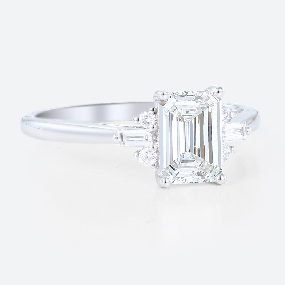 Emerald Cut Lab Diamond Engagement Ring with Baguette Side Stones