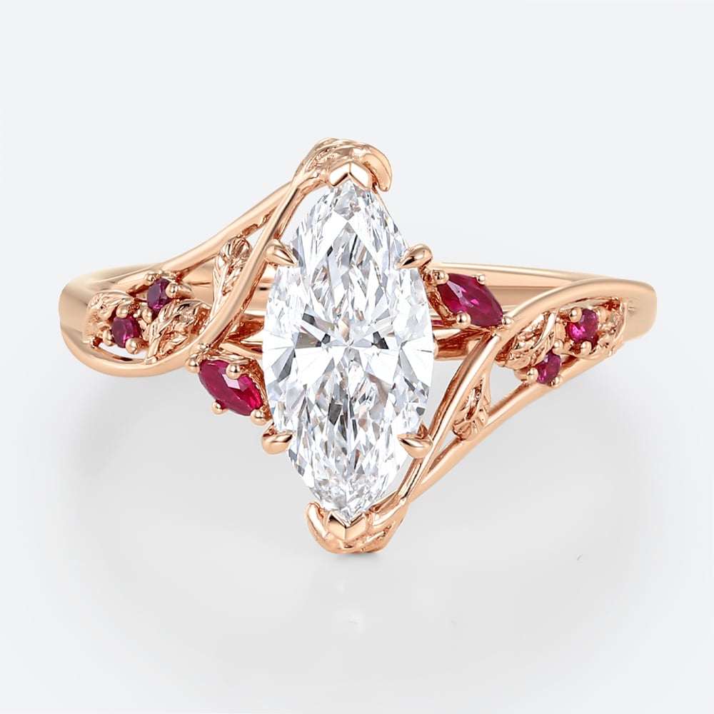 1.5ct Marquise Cut Lab Diamond Ring​ Nature-Inspired Ruby Accent 6-Prong Engagement Ring in Rose Gold