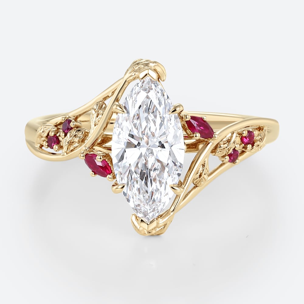 1.5ct Marquise Cut Lab Diamond Ring​ Nature-Inspired Ruby Accent 6-Prong Engagement Ring in Yellow Gold