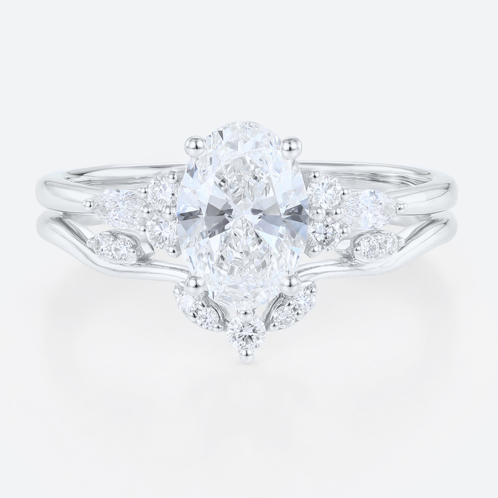 1.5ct Oval Lab Diamond Ring Set Classic 4-Prong Engagement Ring in White Gold