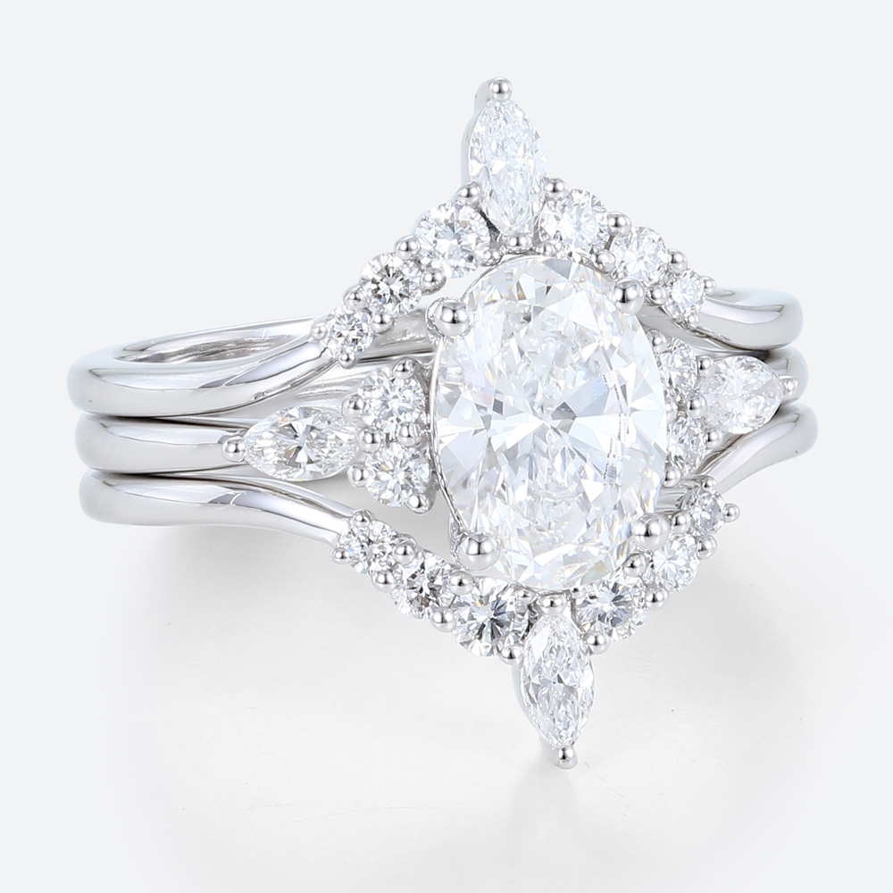 1.5ct Oval Lab Diamond Ring Set Classic Vintage 4-Prong Engagement Ring Set in White Gold
