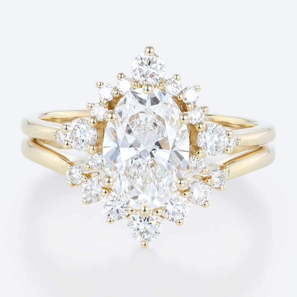 Yellow Gold Oval Lab Diamond Engagement Ring 6 Prong Oval Bridal Ring Set