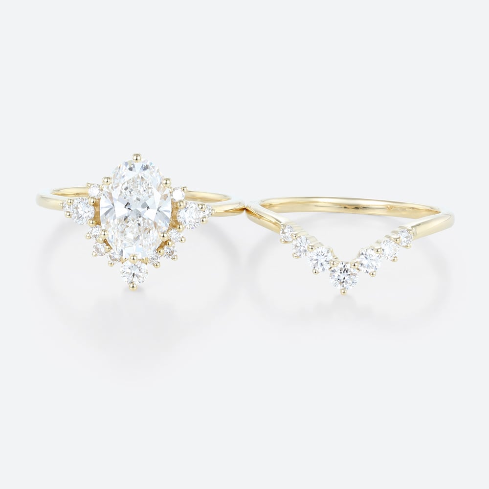 Yellow Gold Oval Lab Diamond Engagement Ring 6 Prong Oval Bridal Ring Set