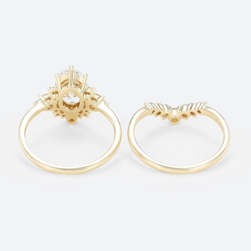 Yellow Gold Oval Lab Diamond Engagement Ring 6 Prong Oval Bridal Ring Set