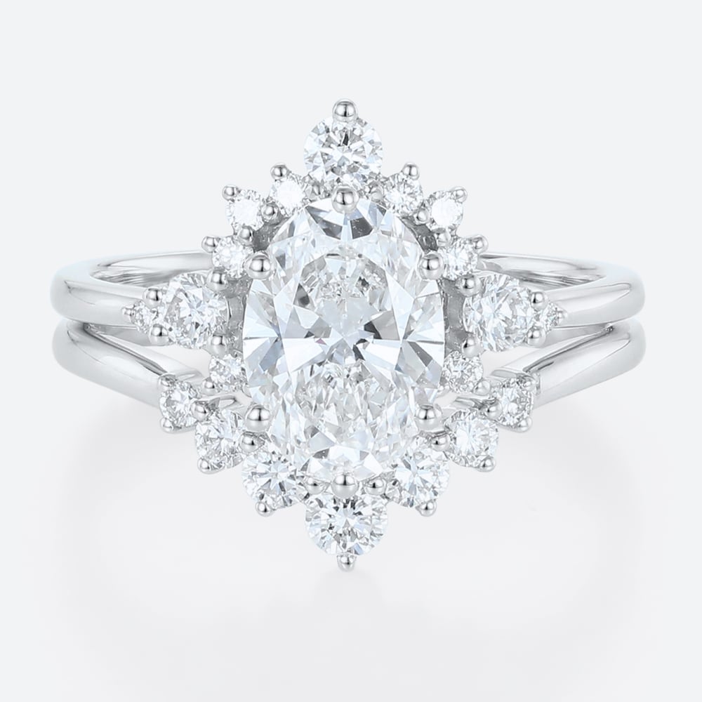 White Gold Oval Lab Diamond Engagement Ring 6 Prong Oval Bridal Ring Set