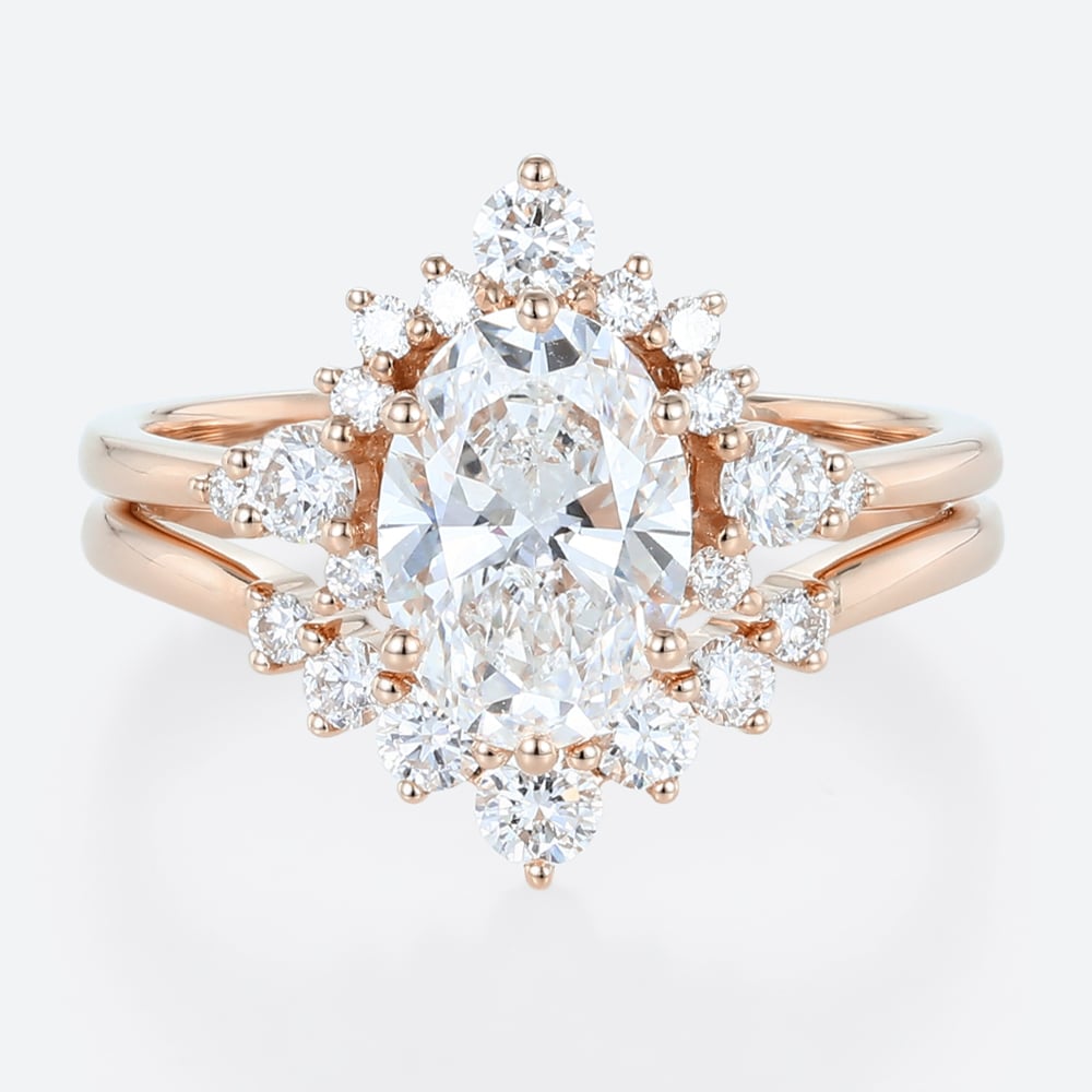 Rose Gold Oval Lab Diamond Engagement Ring 6 Prong Oval Bridal Ring Set