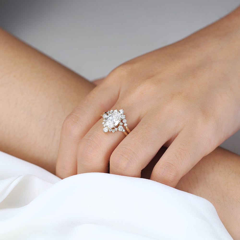 Yellow Gold Oval Lab Diamond Engagement Ring 6 Prong Oval Bridal Ring Set