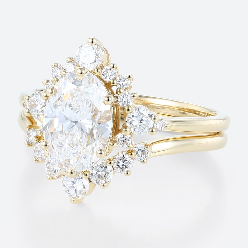 Yellow Gold Oval Lab Diamond Engagement Ring 6 Prong Oval Bridal Ring Set