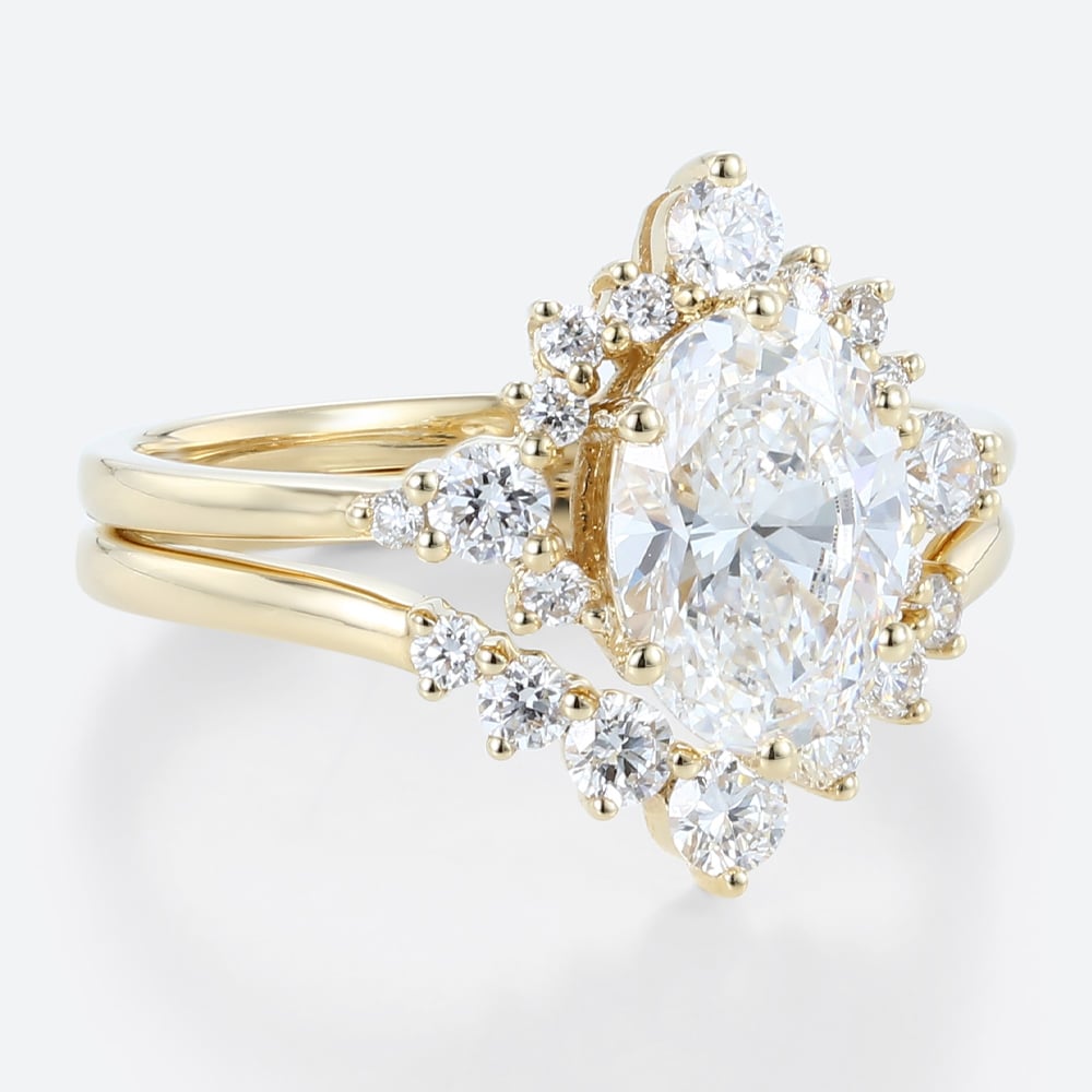 Yellow Gold Oval Lab Diamond Engagement Ring 6 Prong Oval Bridal Ring Set