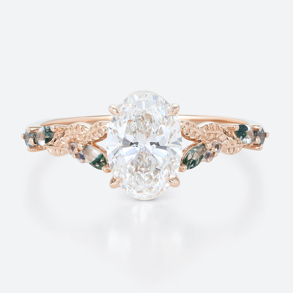 1.5 Carat Oval Lab Grown Diamond Ring Multi Colored Gemstone Ring in Rose Gold