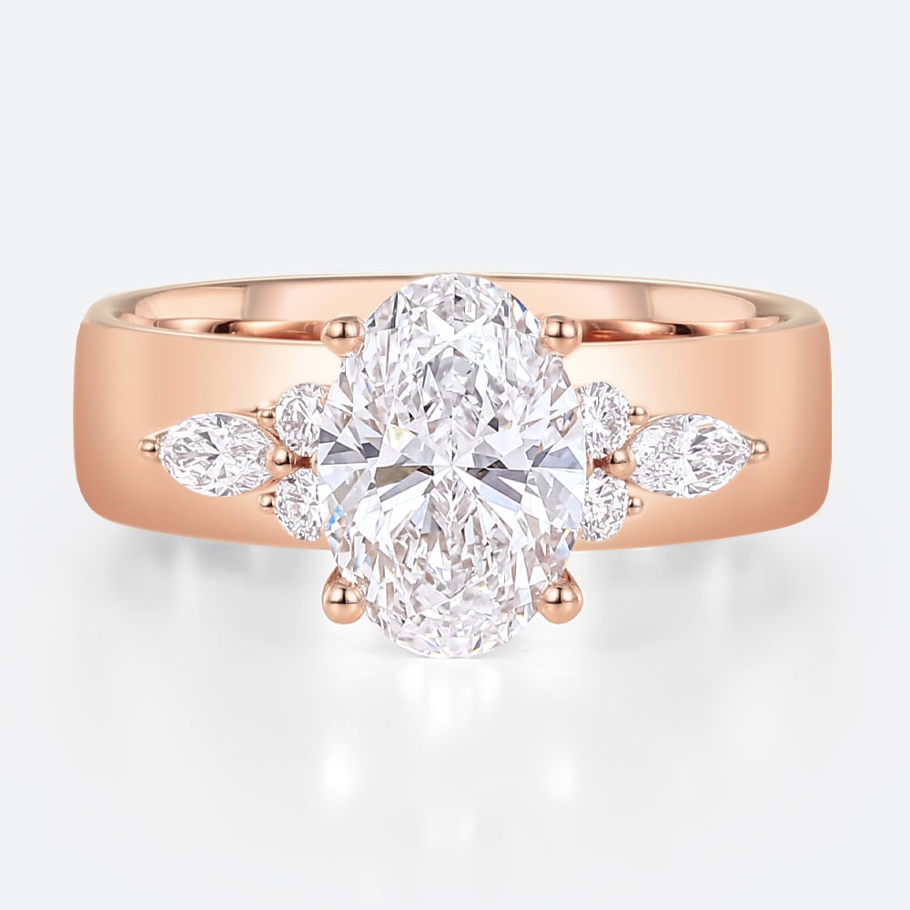 Modern Wide Band Oval Diamond Ring with Cluster Accents