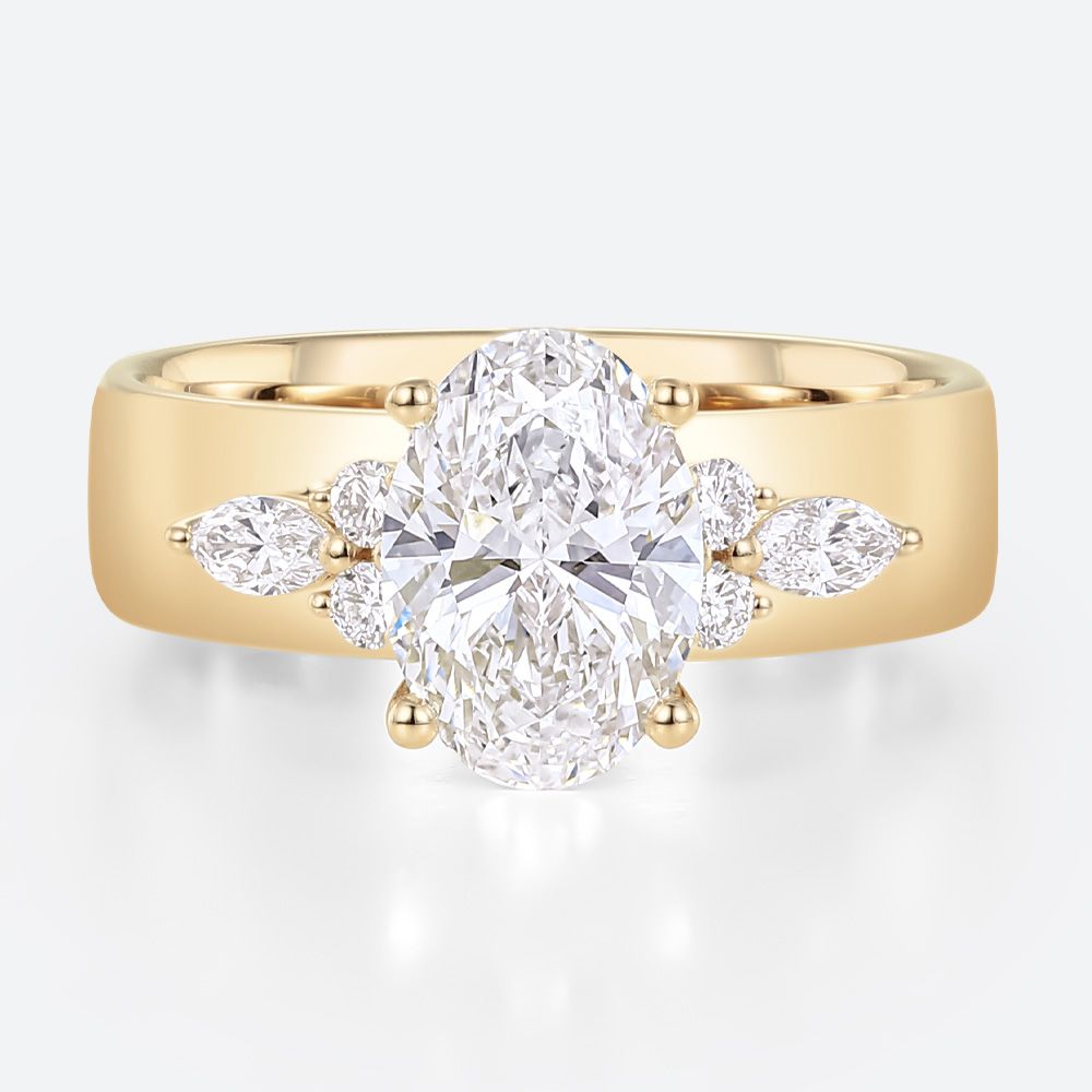 Modern Wide Band Oval Diamond Ring with Cluster Accents