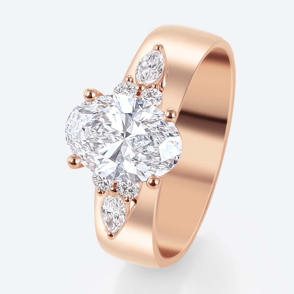 Modern Wide Band Oval Diamond Ring with Cluster Accents