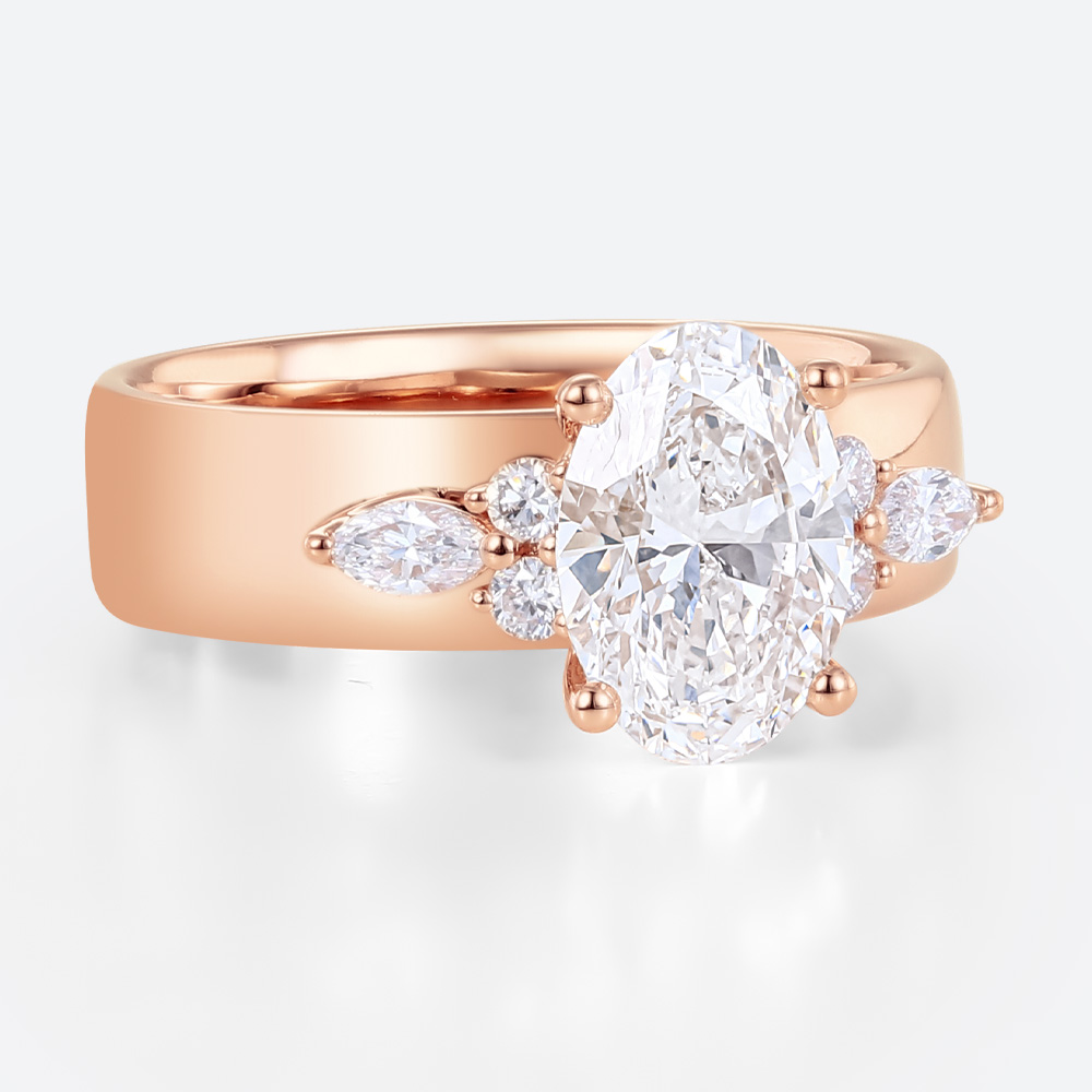 Modern Wide Band Oval Diamond Ring with Cluster Accents