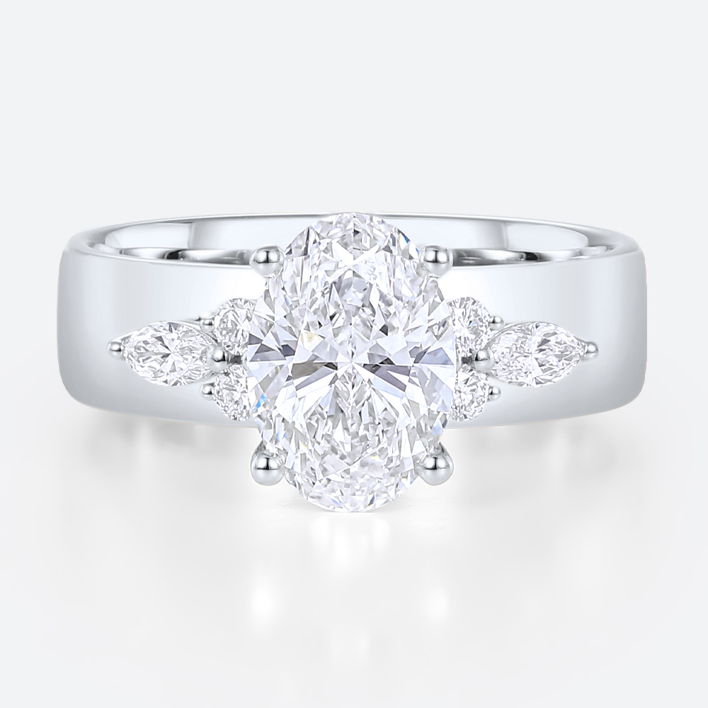 Modern Wide Band Oval Diamond Ring with Cluster Accents