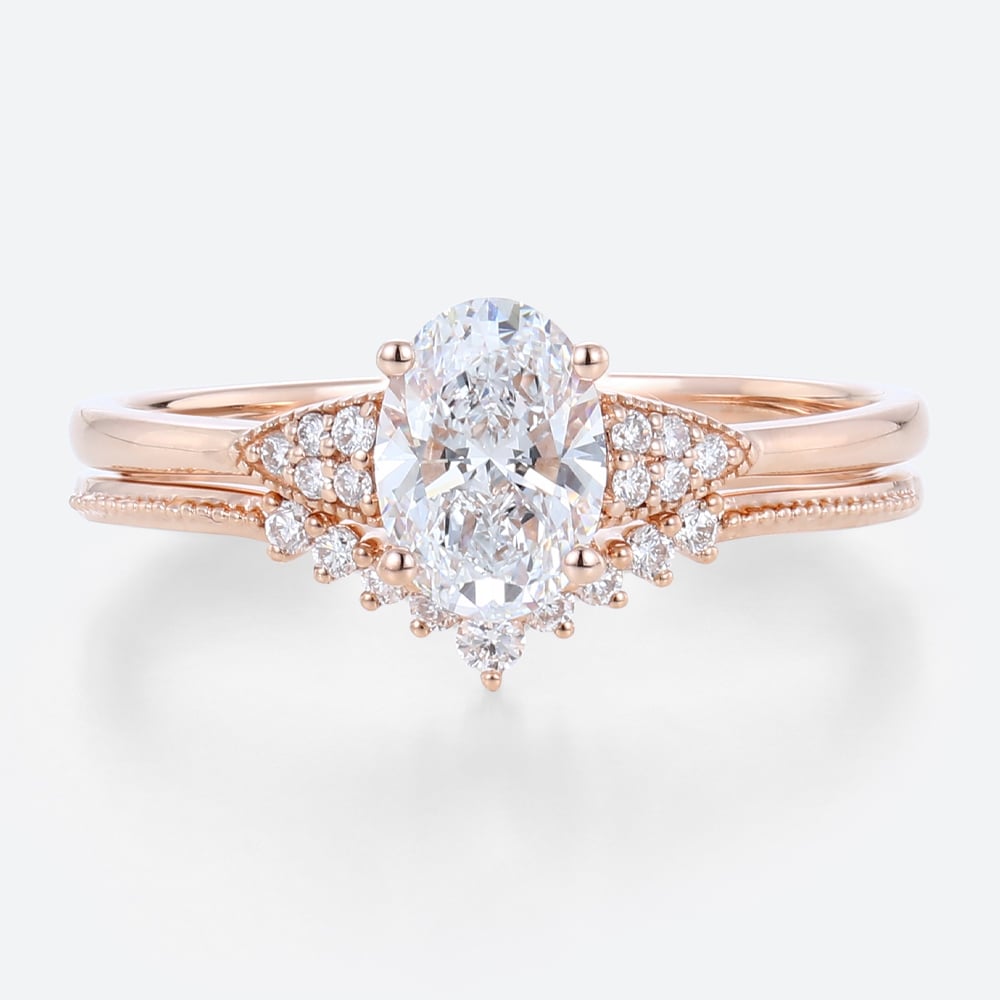 Vintage Oval Engagement Ring Set with Curved Milgrain Band in rose gold
