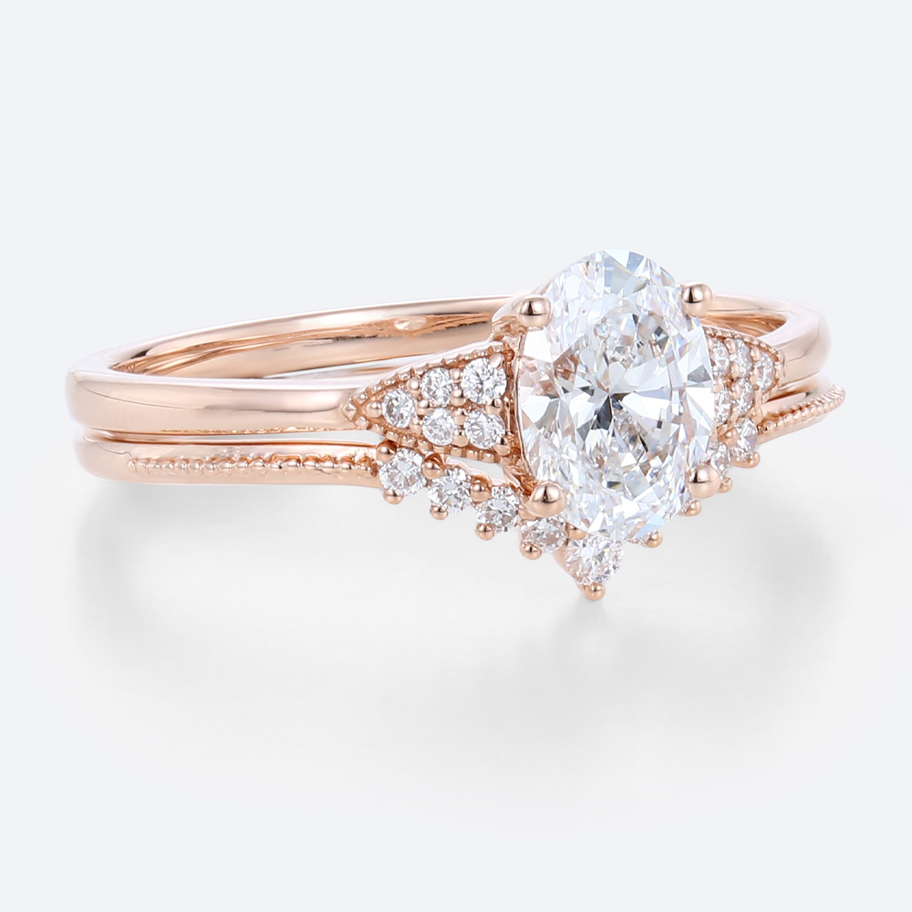 Vintage Oval Engagement Ring Set with Curved Milgrain Band in rose gold