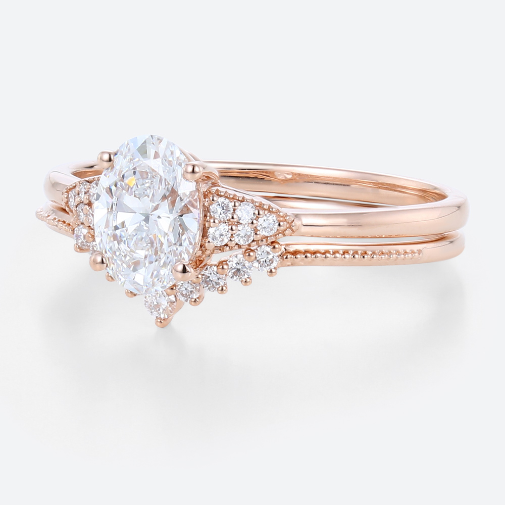 Vintage Oval Engagement Ring Set with Curved Milgrain Band in rose gold