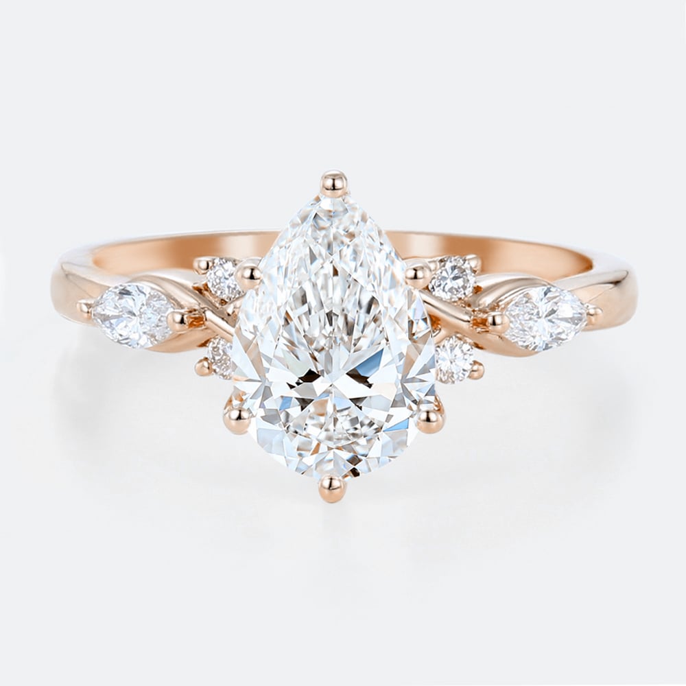 Vintage Pear Shaped Lab Created Diamond Ring with Floral Accent