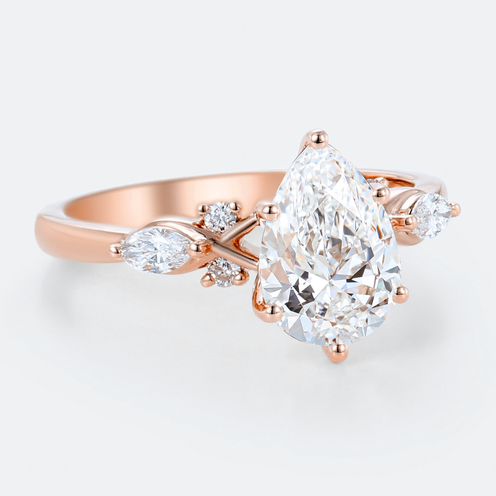Rose Gold Vintage Pear Shaped Lab Created Diamond Ring with Floral Accent