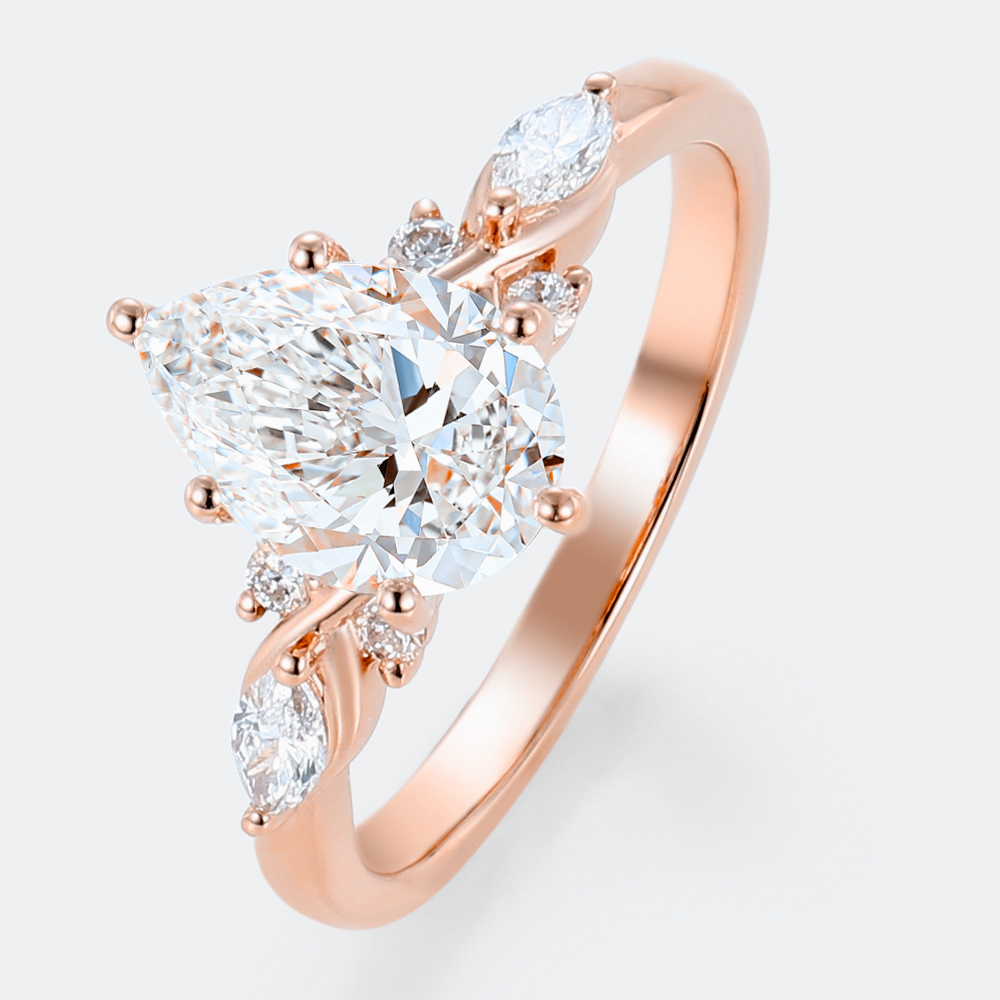 Rose Gold Vintage Pear Shaped Lab Created Diamond Ring with Floral Accent
