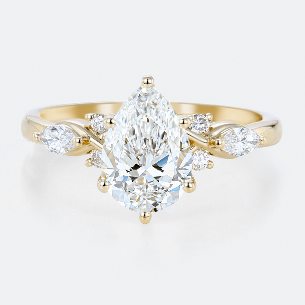 Yellow Gold Vintage Pear Shaped Lab Created Diamond Ring with Floral Accent