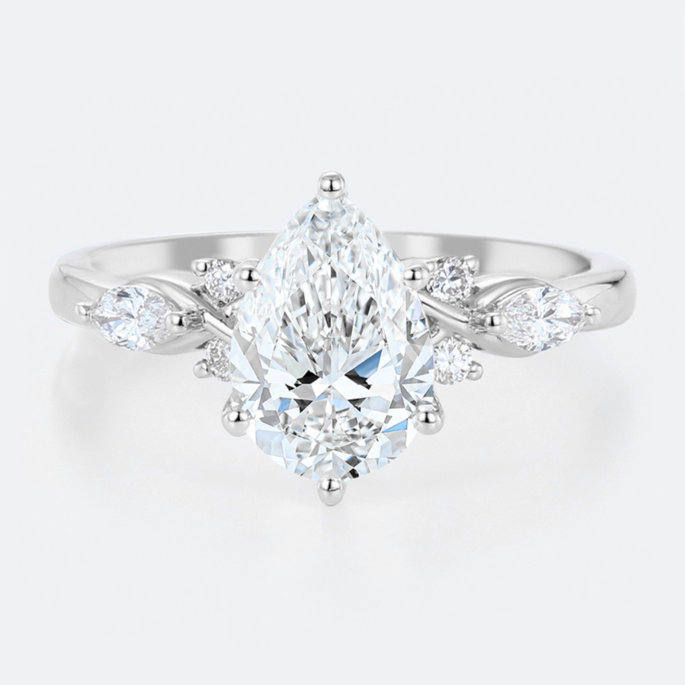 White Gold Vintage Pear Shaped Lab Created Diamond Ring with Floral Accent